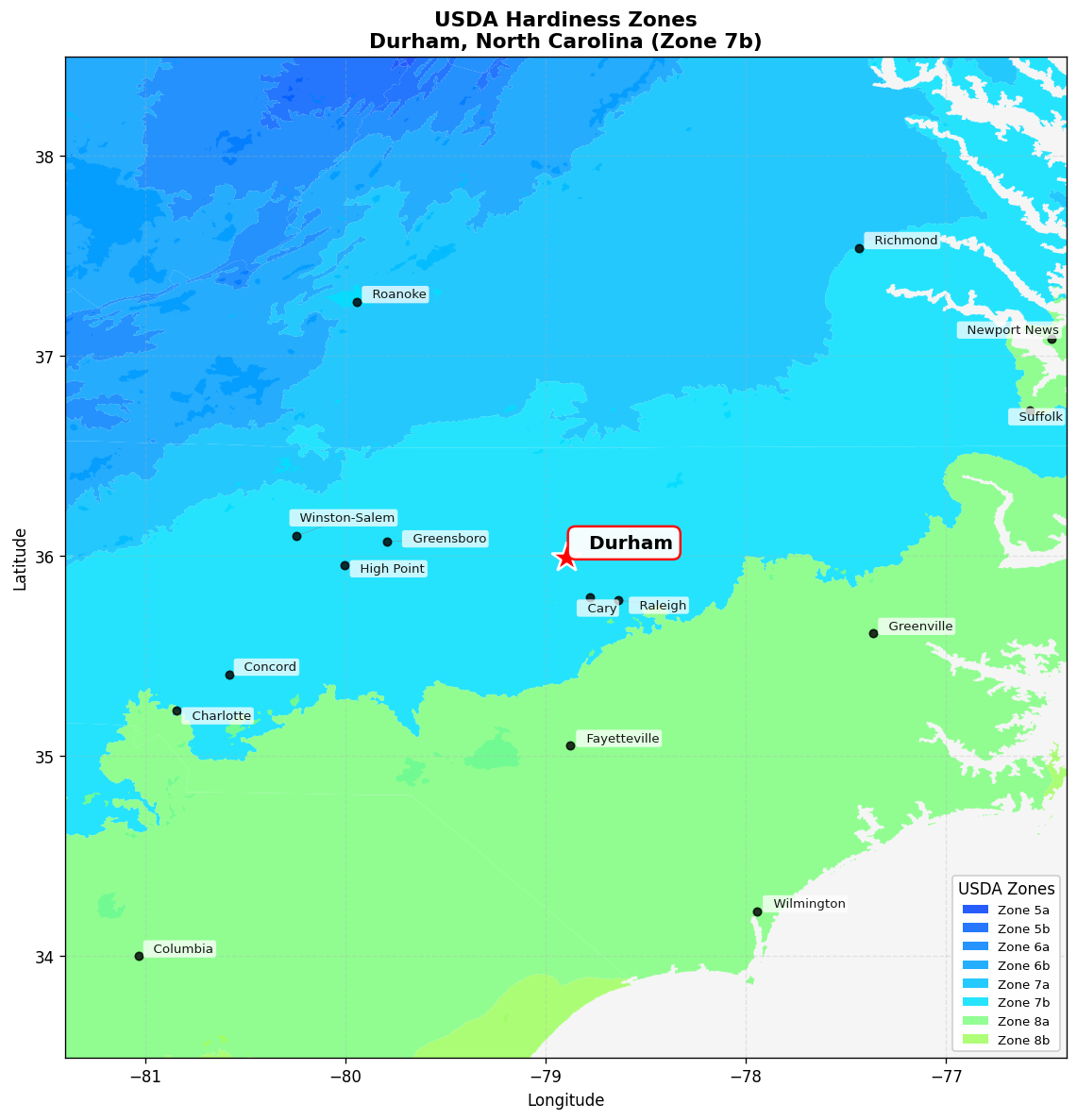 USDA Hardiness Zone 7b Map for Durham, NC